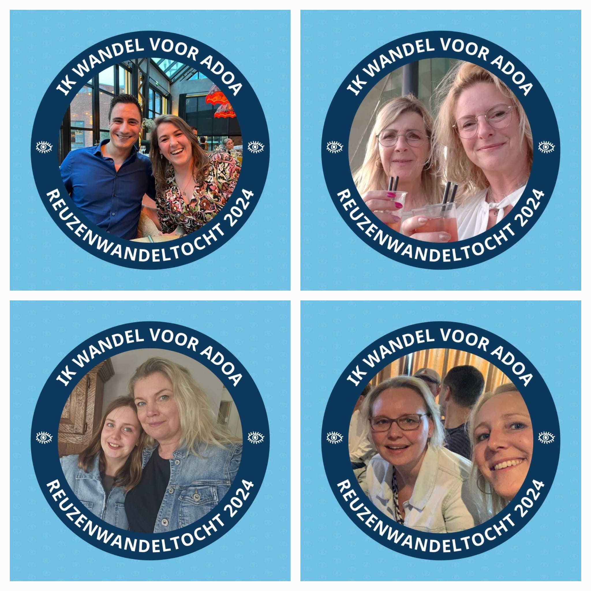 Foto’s van de deelnemers die geld inzamelen, met daaromheen een kader met de tekst ‘Ik wandel voor ADOA, ReuzenWandelTocht 2024’