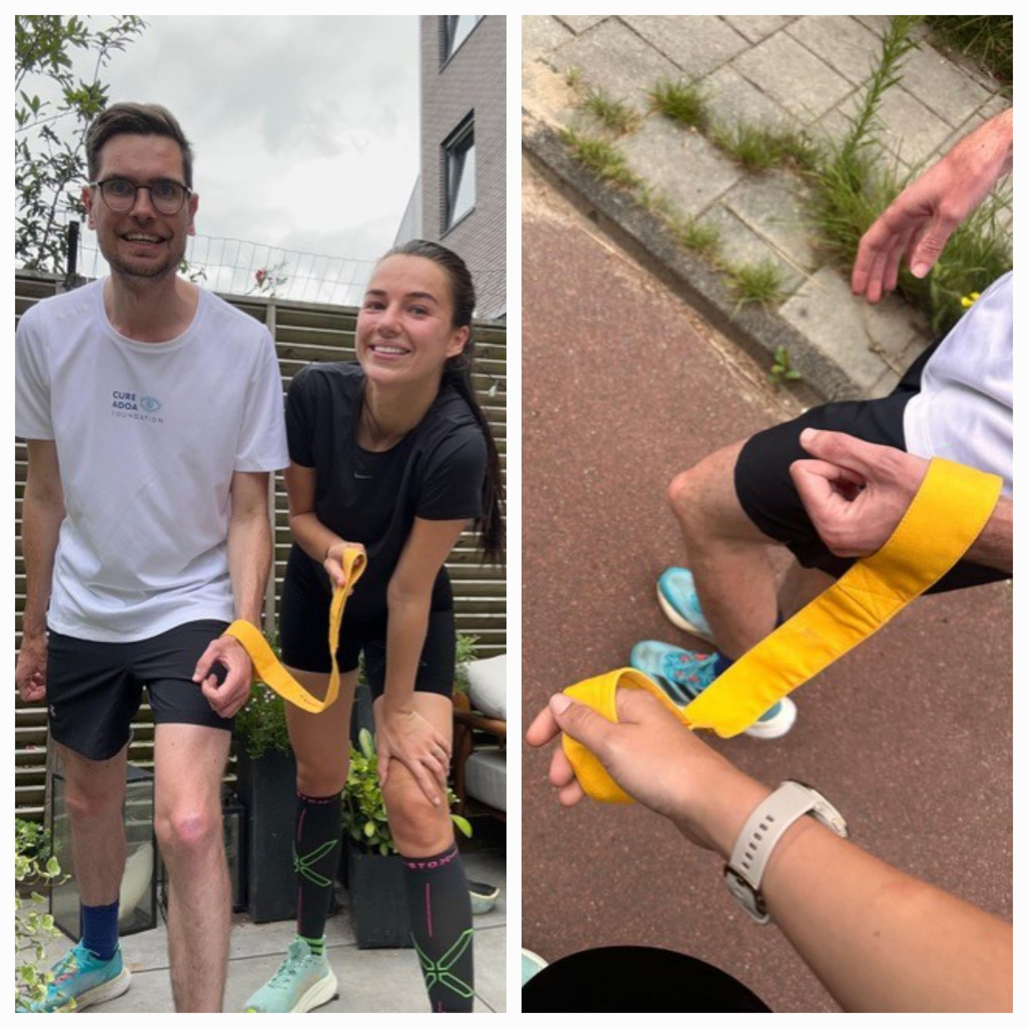 Collage van twee foto's. Op de linker staan een witte man en een witte vrouw , Lowie en Nina, in hardloopoutfit. Lowie heeft een gele band om zijn pols, die Nina vasthoudt. Op de rechter foto staan alleen de benen en een stukje van de armen. Om de pols van de man zit de gele band, de vrouw houdt de andere lus vast.