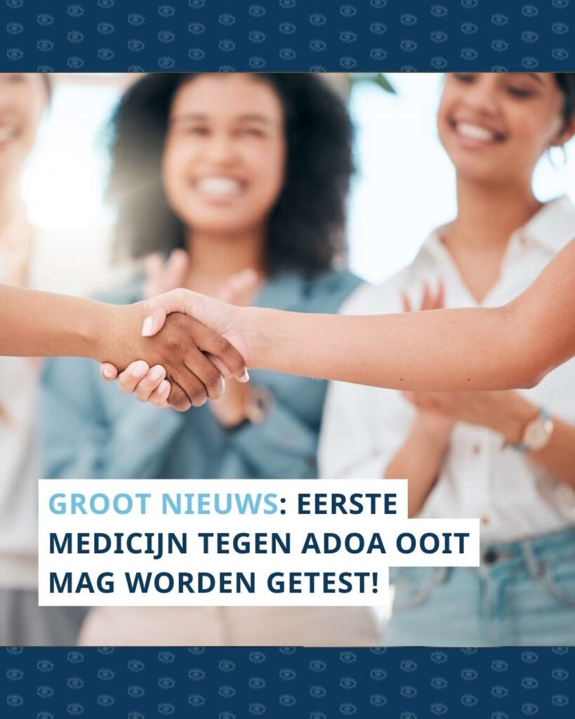 Twee handen die elkaar schudden. Op de achtergrond vaag blije gezichten en mensen die applaudiseren.