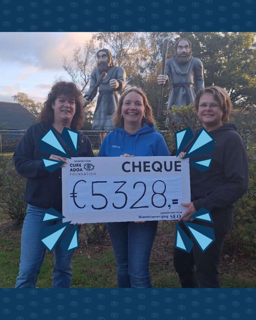 V.l.n.r. Margreet (Wandelvereniging SEO), Hedy (Cure AODA Foundation) en Karin (Wandelvereniging SEO) poseren met een cheque met daarop een bedrag van €5328,-. Op de achtergrond staan standbeelden van de reuzen Ellert en Brammert.