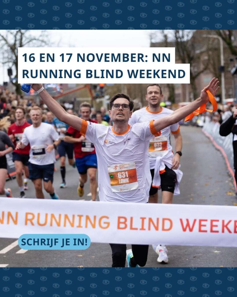 Foto van Lowie van Eck die als eerste over de finish komt tijdens het NN Running Blind Weekend. Daarboven de tekst ‘16 en 17 november NN Running Blind Weekend’ en daaronder ‘Schrijf je in!’