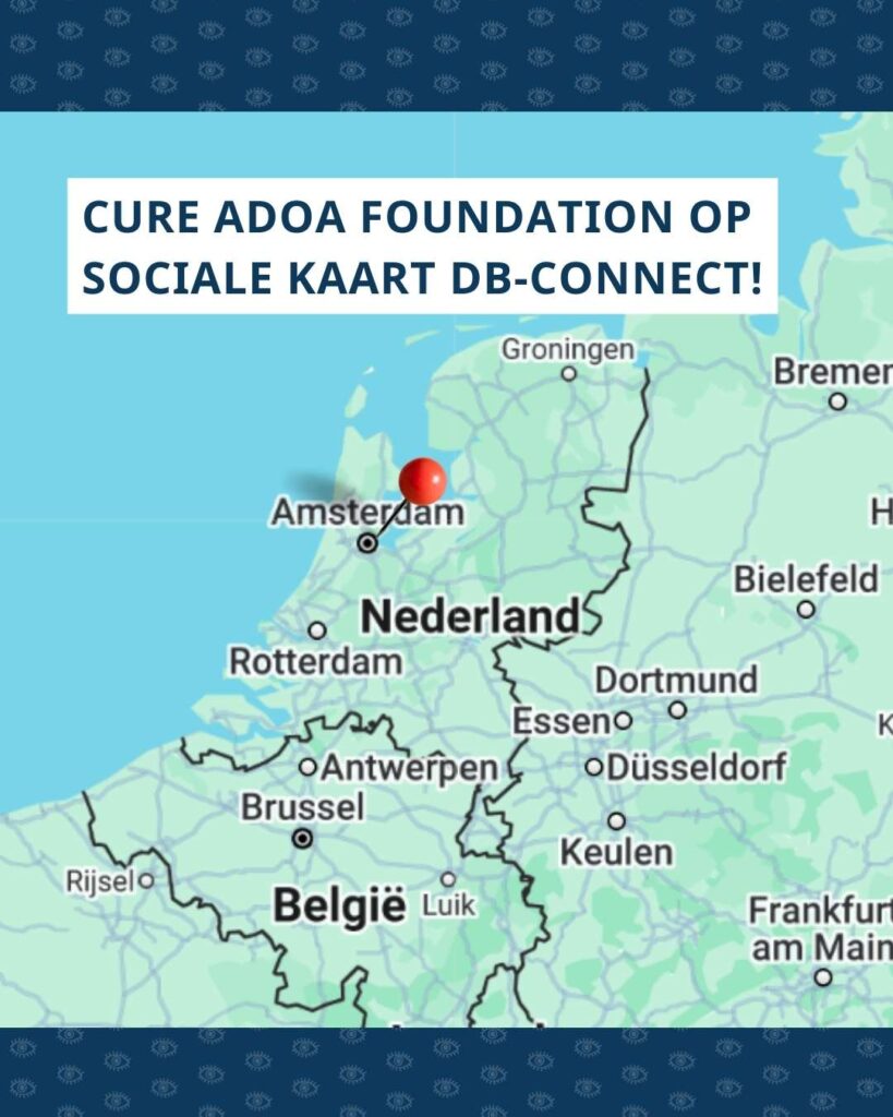 Kaart van Google Maps met een pinnetje naar Amsterdam. Bovenaan staat de tekst ‘Cure Adoa Foundation op sociale kaart DB-Connect!