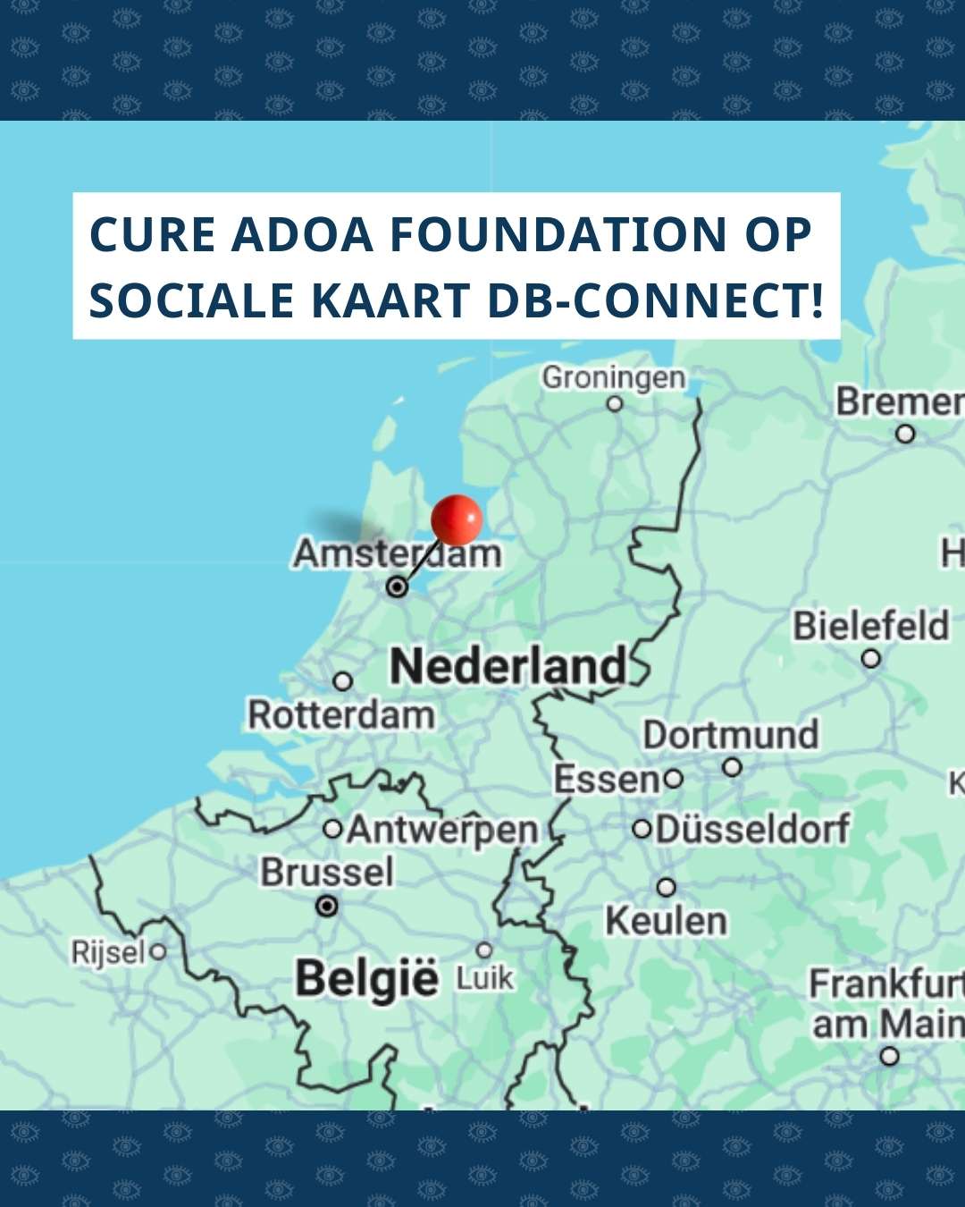 Kaart van Google Maps met een pinnetje naar Amsterdam. Bovenaan staat de tekst ‘Cure Adoa Foundation op sociale kaart DB-Connect!