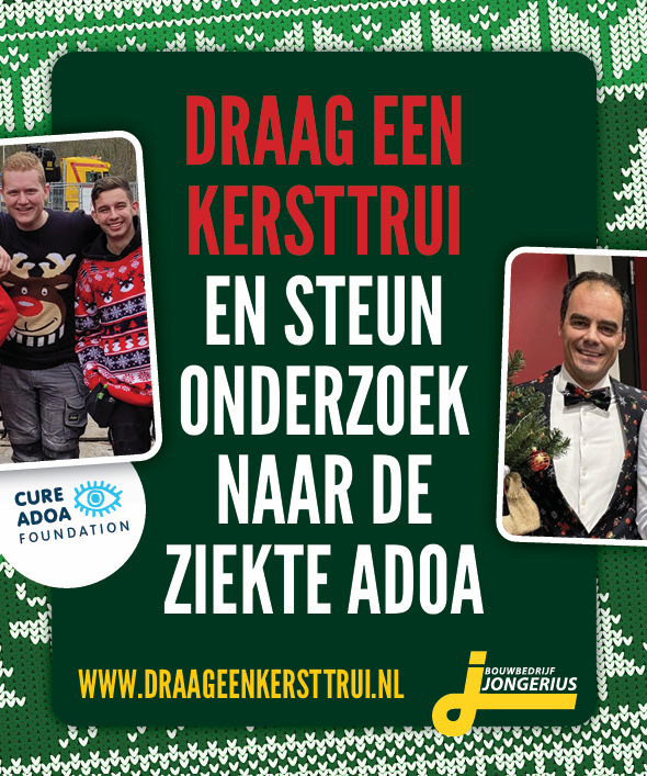 Informatie over de kersttruienactie. Links en rechts foto's van mannen in een kerstoutfit.