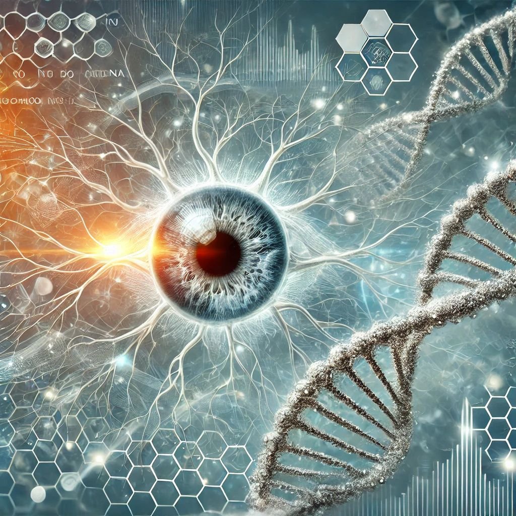Een blauwgrijs oog op een achtergrond met o.m. vertakkende zenuwen, staafgrafieken, honingraten en dna-strengen.