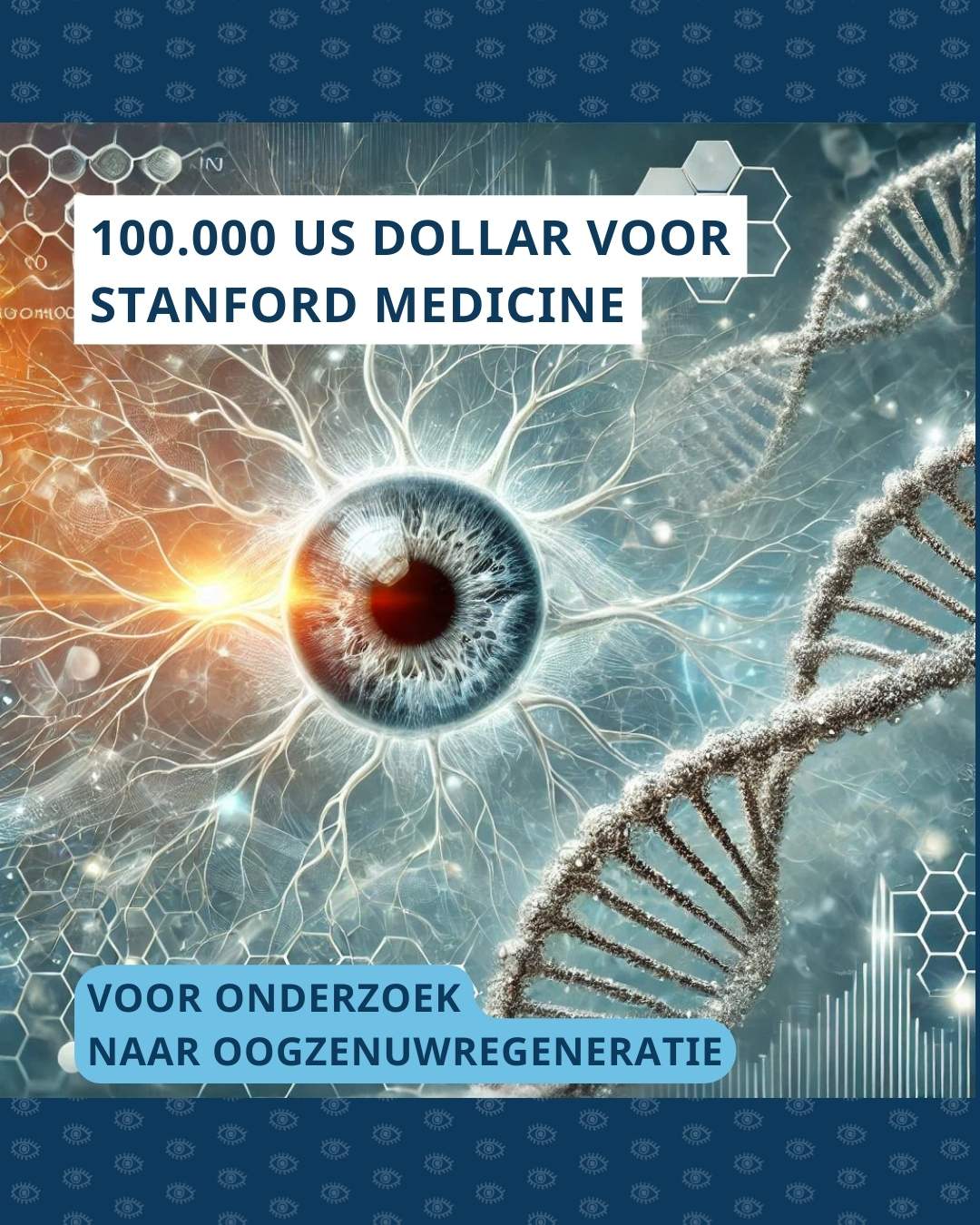 Een blauwgrijs oog op een achtergrond met o.m. vertakkende zenuwen, staafgrafieken, honingraten en dna-strengen.