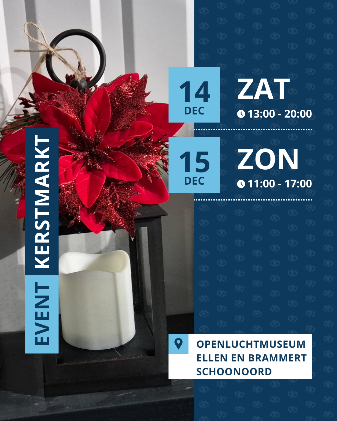 Een foto van kerstdecoratie met informatie over het evenement (die ook in de tekst staat).