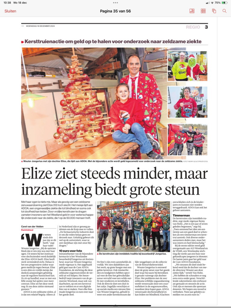 Een krantenartikel met als kop: Kersttruienactie om geld op te halen voor onderzoek naar zeldzame ziekte