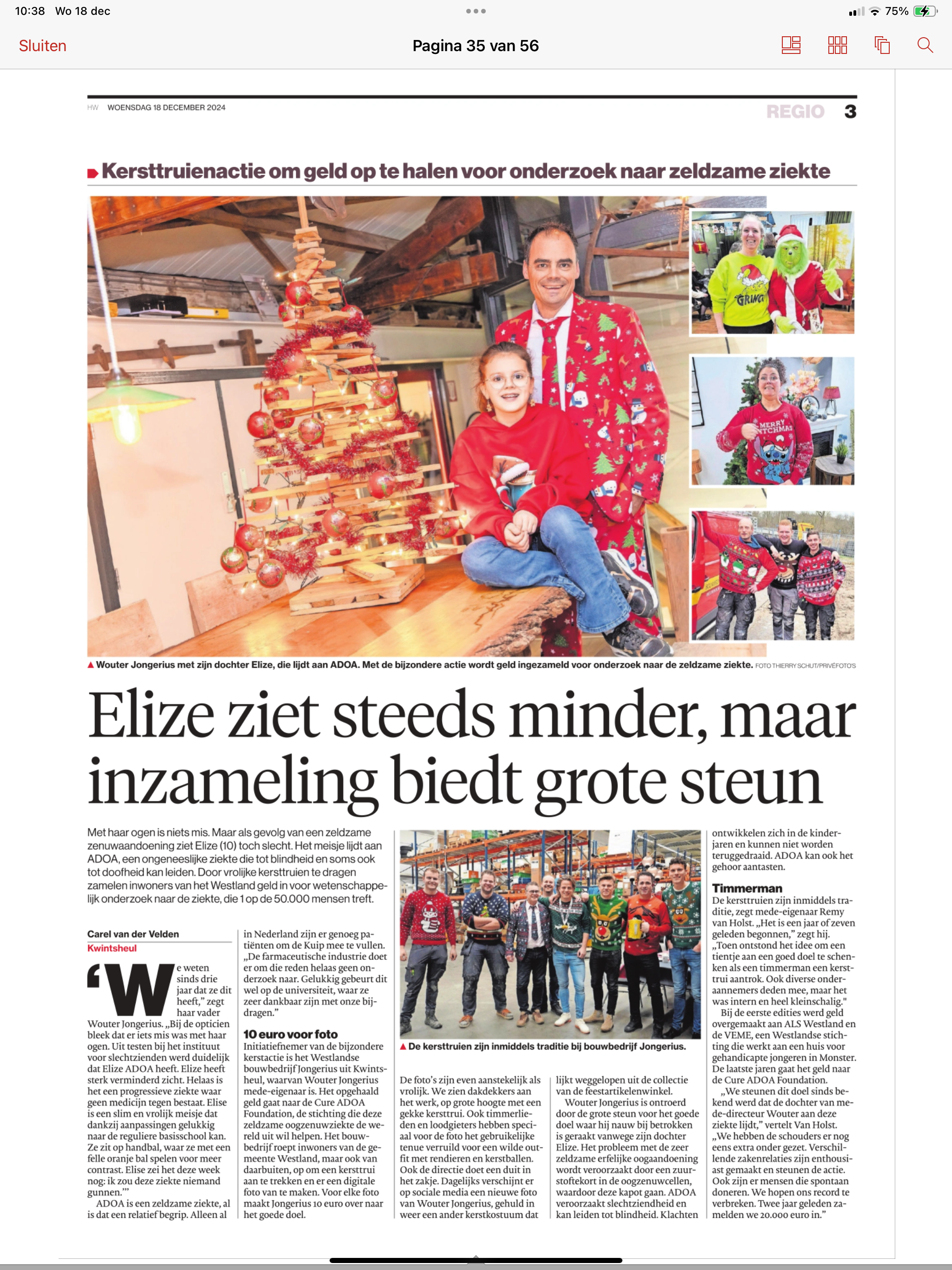 Een krantenartikel met als kop: Kersttruienactie om geld op te halen voor onderzoek naar zeldzame ziekte