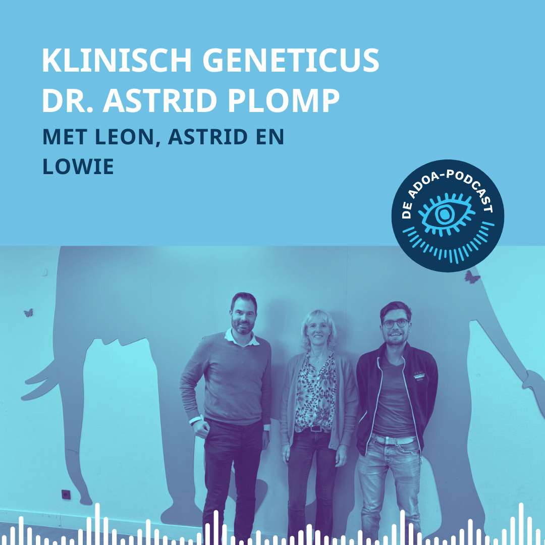 Een vrouw staat tussen twee mannen voor een lichtblauwe muur met daarop een olifant en vlinders. Bovenin staat de tekst: "Klinisch geneticus Dr. Astrid Plomp". En daaronder: "met Leon, Astrid en Lowie".