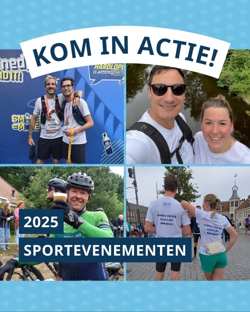 4 foto’s van mensen die voor ADOA in actie kwamen. Linksboven Sjoerd en Lowie bij de Dam tot Damloop, rechtsboven Thijs en Lotte tijdens de ReuzenWandelTocht, linksonder Danny die de Bartje 200 fietste en rechtsonder Sierd en Lieke tijdens de Dam tot Damloop.