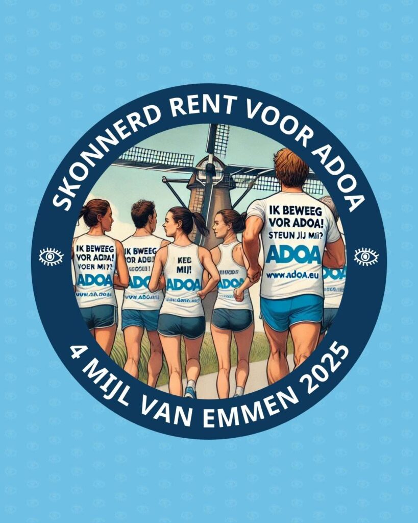Een illustratie met mensen in hardloopkleding. Op hun rug staat ‘Ik beweeg voor ADOA! Steun jij mij? ADOA. www.adoa.eu.’ Om de illustratie heen staat de tekst: ‘Skonnerd rent voor ADOA’ en ‘4 Mijl van Emmen 2025