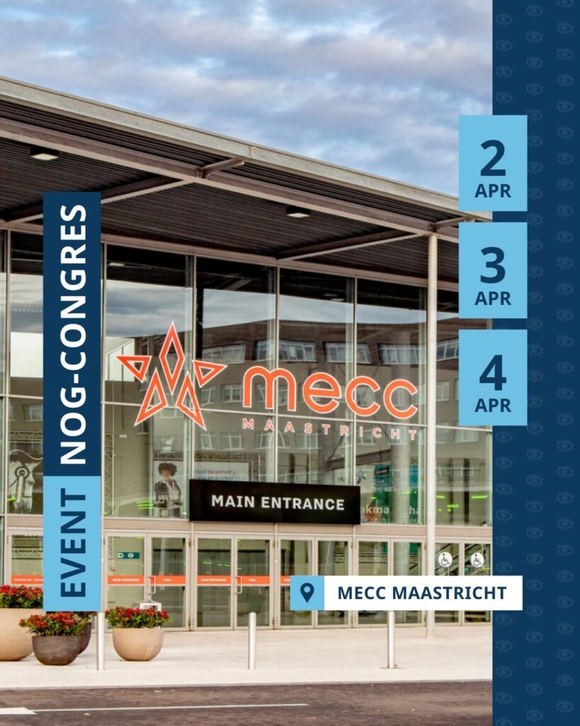 Het MECC Maastricht met links de tekst ‘event NOG-congres’, rechts de data ‘2 apr, 3 apr en 4 apr’ en onderaan een locatiesymbool met ‘MECC Maastricht