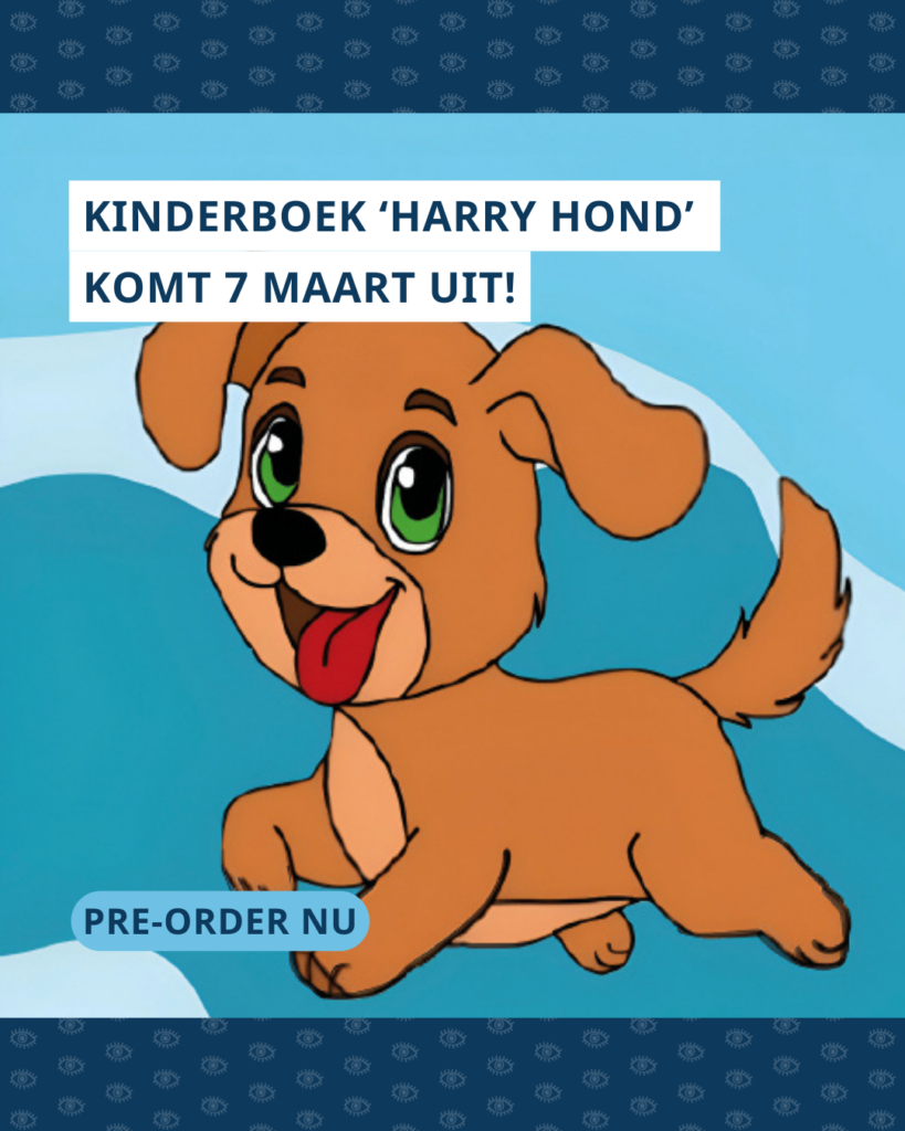 Illustratie van hoofdpersonage Harry Hond met daarboven de tekst ‘Harry Hond komt 7 maart uit!’ en daaronder ‘pre-order nu’