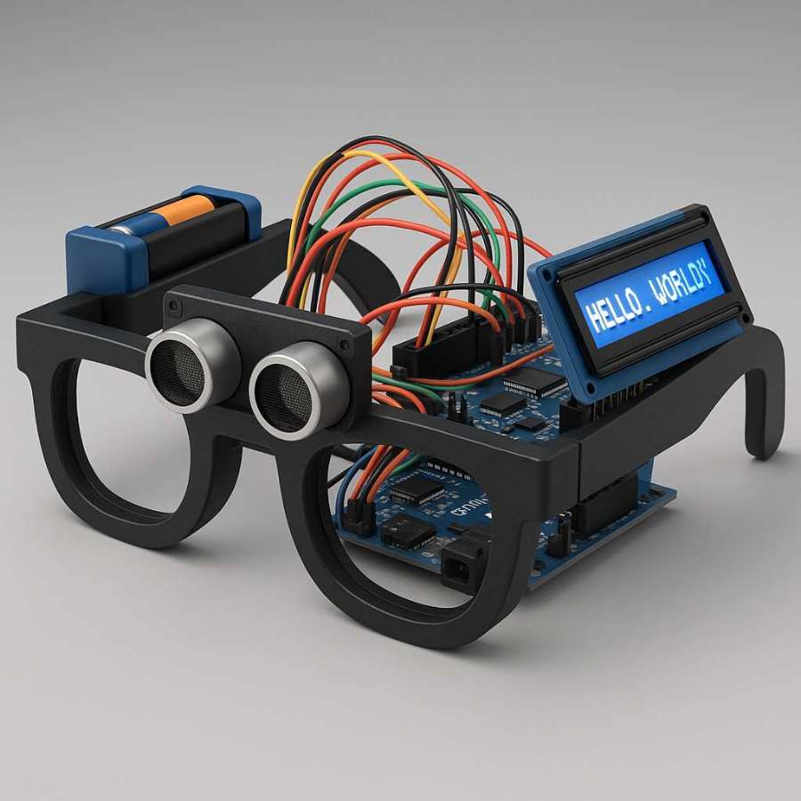Prototype van de slimme bril. Een grof montuur, gekoppeld aan een batterij, computer en beeldschermpje.