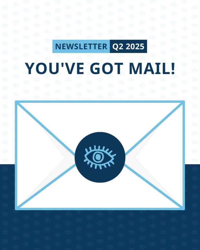 Envelop met tekst 'Newsletter Q2 2025’ en 'You've got mail'. Op de envelop zit een zegel met het logo van Cure ADOA Foundation erop