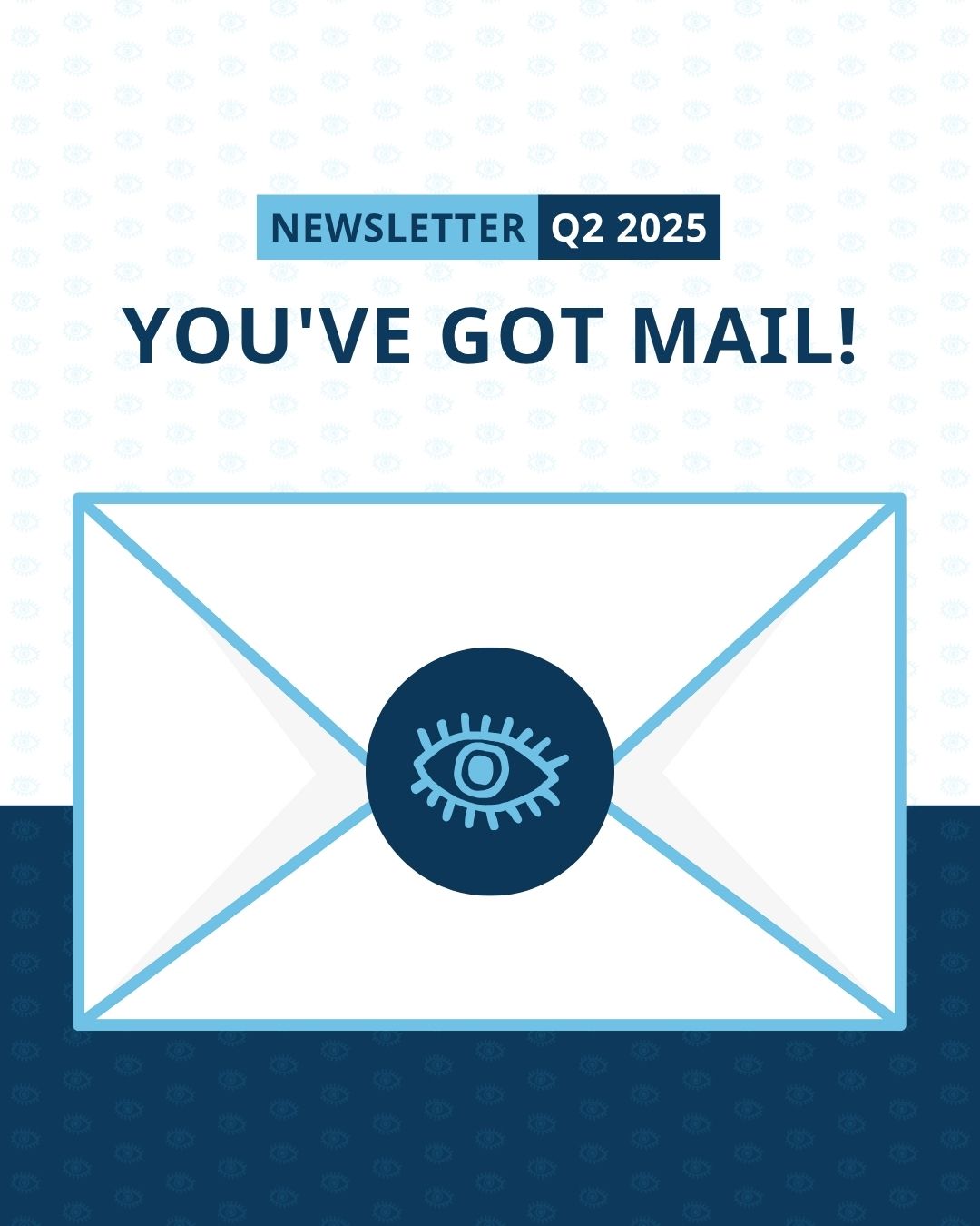 Envelop met tekst 'Newsletter Q2 2025’ en 'You've got mail'. Op de envelop zit een zegel met het logo van Cure ADOA Foundation erop