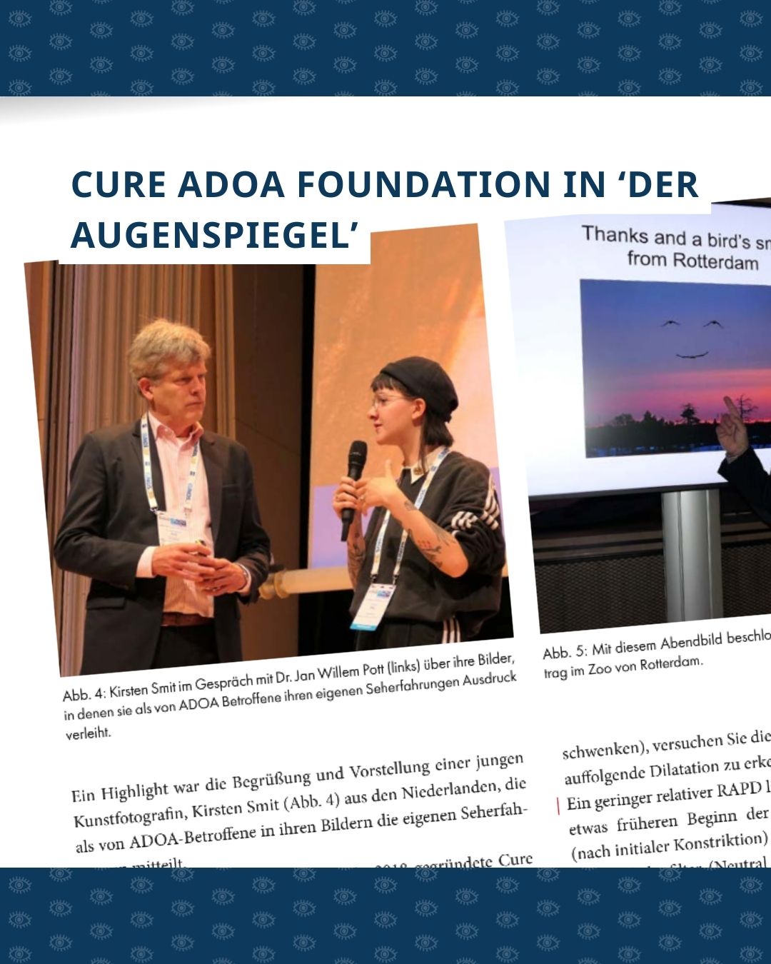 Printscreen van artikel in der Augenspiegel met foto van dr. Jan Willem Pott (links) en Kristen Smit (rechts). Bovenin de afbeelding staat de tekst ‘Cure ADOA Foundation in ‘der Augenspiegel’’.