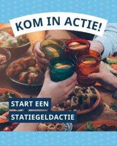 Mensen die proosten. Bovenin staat de tekst: Kom in actie! Onderaan staat de tekst: Start een statiegeldactie.