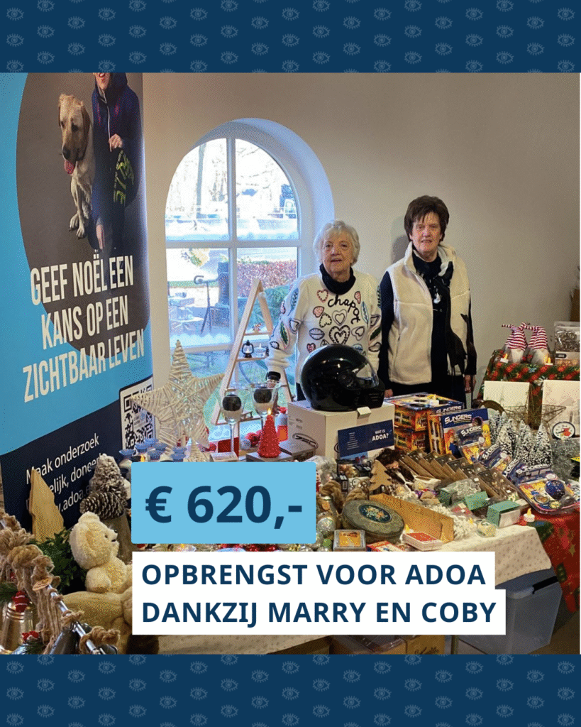 Foto van Marry en Coby op de kerstmarkt. In de vlakken staat de opbrengst van € 620.