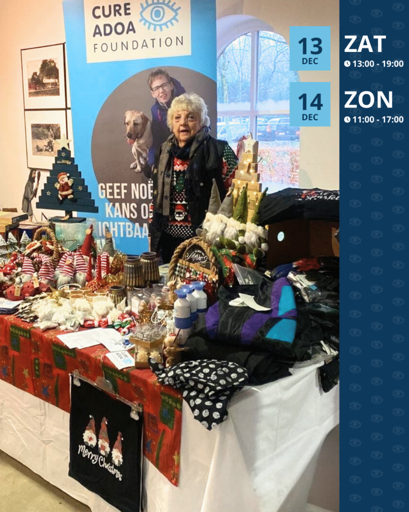 Foto met Marry en kerstspullen. In de vlakken staat praktische informatie over de kerstmarkt, zoals data en locatie.