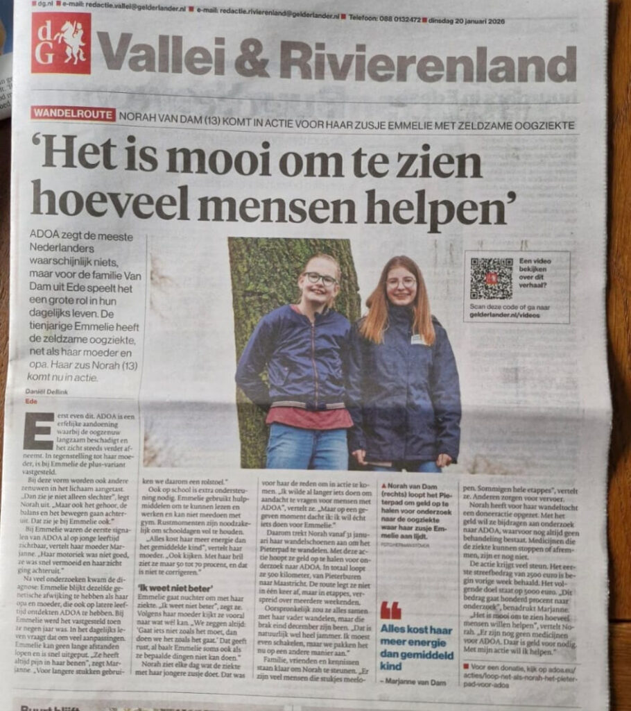 Foto van interview over Pieterpadactie van Norah in Vallei & Rivierenland van De Gelderlander