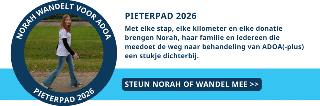 Met elke stap, elke kilometer en elke donatie brengen Norah, haar familie en iedereen die meedoet de weg naar behandeling van ADOA(-plus) een stukje dichterbij. Steun Norah of loop zelf mee!