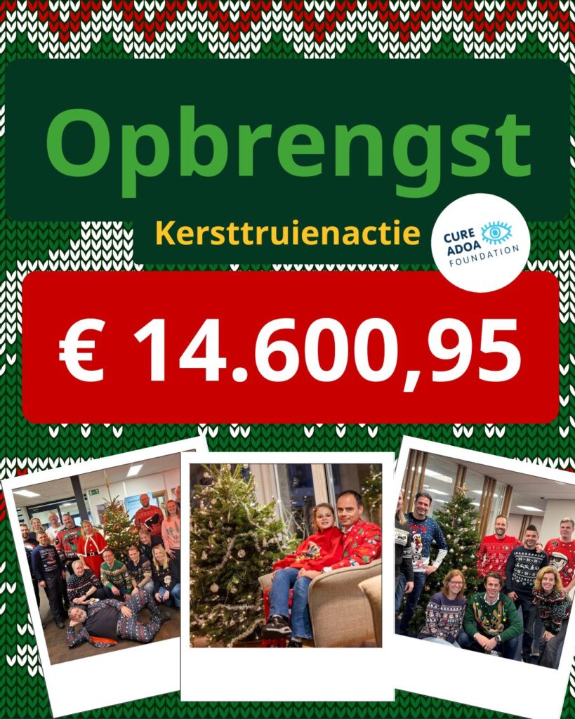 Achtergrond met kersttruimotief. Hierop staat de tekst 'Opbrengst kersttruienactie € 14.600,95' en het logo van de Cure ADOA Foundation. Daaronder zie je drie foto's van mensen in kersttruien. V.l.n.r. een foto van een deelnemend bedrijf Boutkan & Partners, Wouter Jongerius en zijn dochter en deelnemend bedrijf BLOM-DSW.