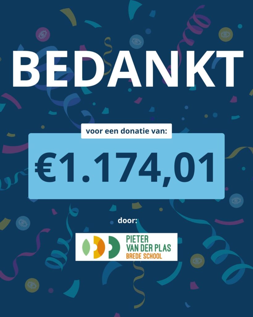 Op een achtergrond met confetti staat de tekst: ‘Bedankt voor een donatie ter waarde van: €1.174,01 door:’ met daaronder het logo van de Pieter van der Plas School.