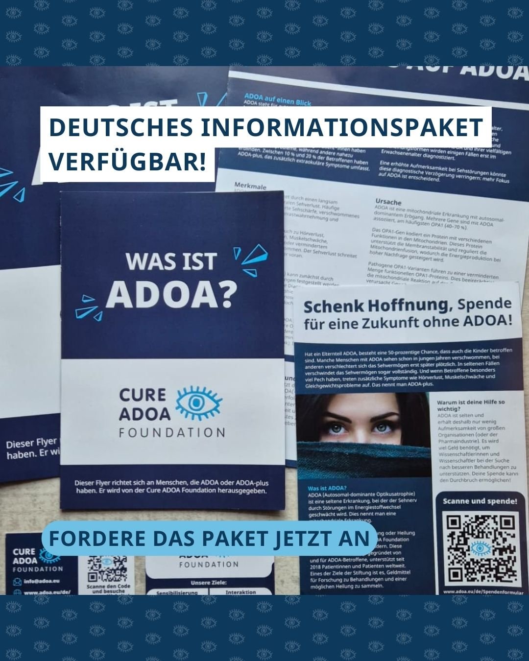 Verschillend Duits drukwerk met daarboven de tekst ‘Deutsches Informationspaket verfügbar!’ en daaronder ‘Fordere das Paket jetzt an’.