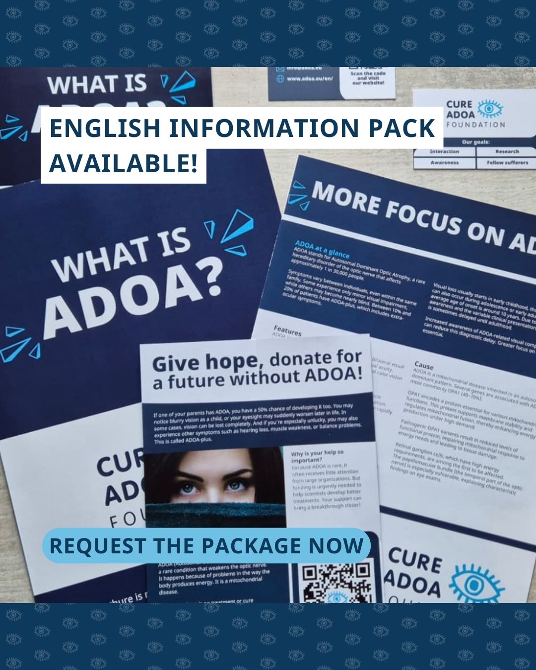 Verschillend Engels drukwerk met daarboven de tekst ‘English information pack available!’ en daaronder ‘Request the package now’.