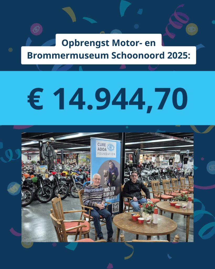 Foto van Herman en Denny aan tafel, met op de achtergrond een deel van de collectie van het Motor- en Brommermuseum Schoonoord en een banner van de Cure ADOA Foundation. Boven de foto staat: ‘Opbrengst Motor- en Brommermuseum Schoonoord 2025: € 14.944,70’.