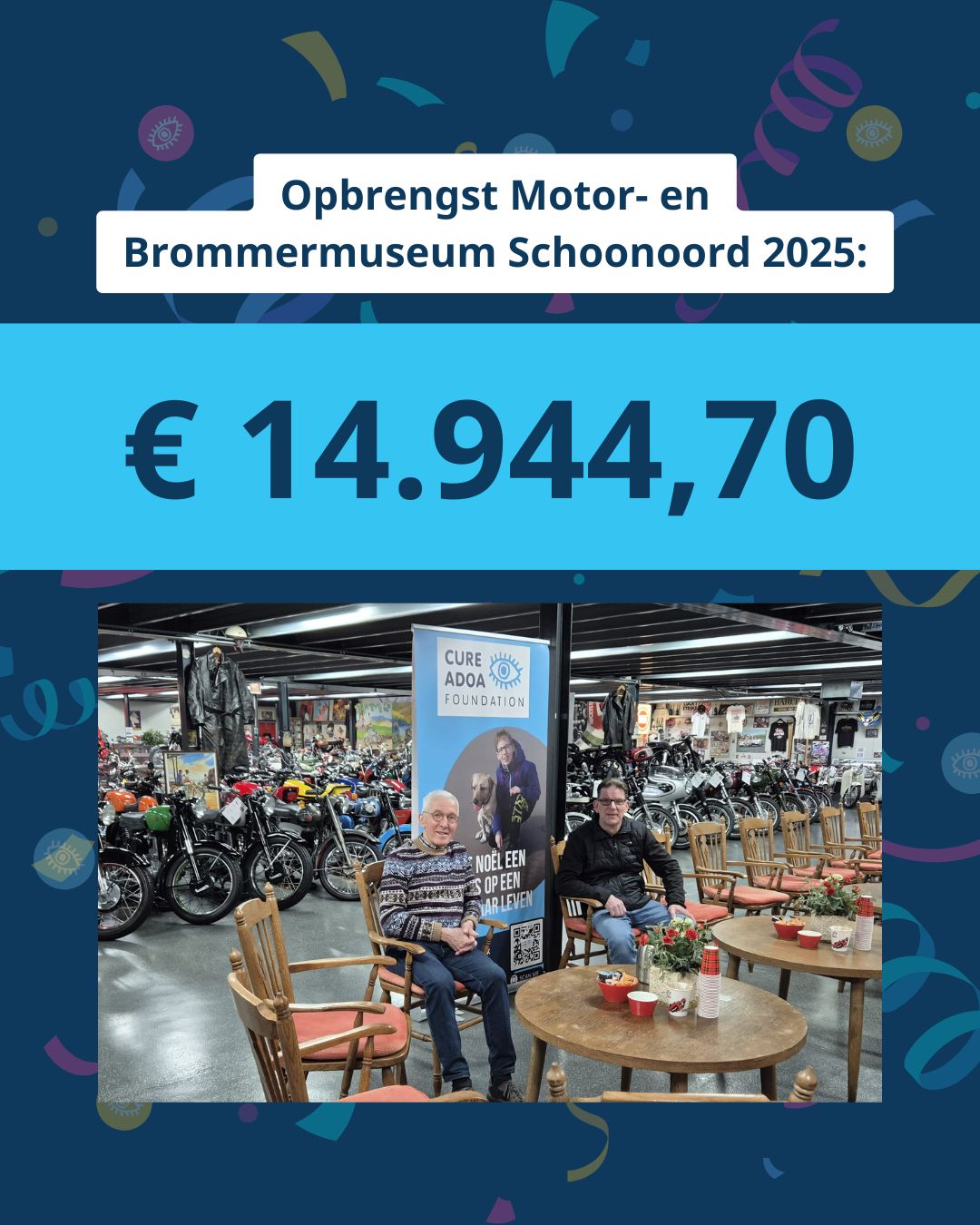 Foto van Herman en Denny aan tafel, met op de achtergrond een deel van de collectie van het Motor- en Brommermuseum Schoonoord en een banner van de Cure ADOA Foundation. Boven de foto staat: ‘Opbrengst Motor- en Brommermuseum Schoonoord 2025: € 14.944,70’.