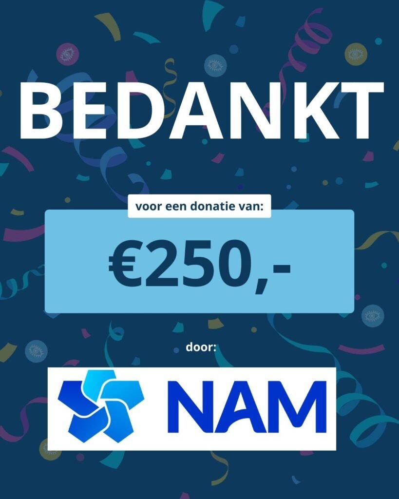 Op een achtergrond met confetti staat de tekst: ‘Bedankt voor een donatie van: € 250,- door:’ met daaronder het logo van de NAM.