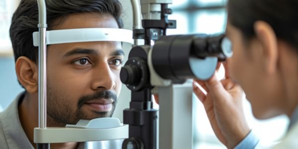 Arts voert oogspiegelonderzoek uit bij man