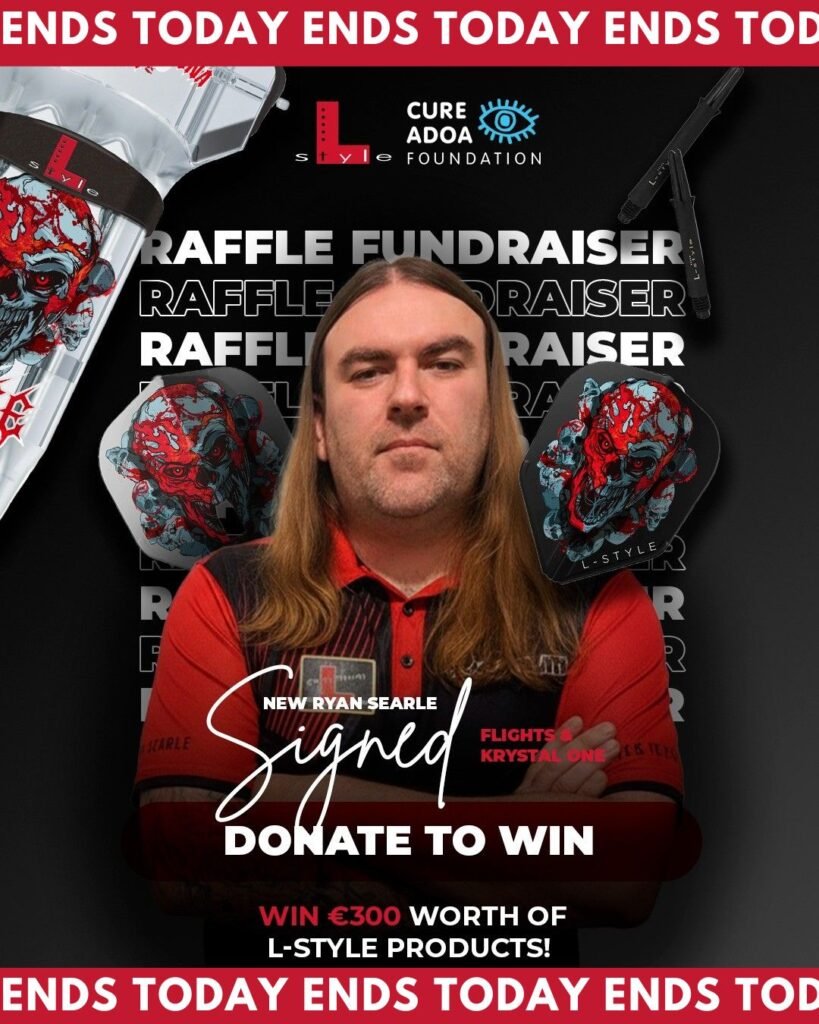 Portret van Ryan Searle met daarboven de logo's van L-style en de Cure ADOA Foundation. Verder staat op de afbeelding de tekst 'Raffle fundraiser', 'New Ryan Searle Signed Flights & Krystal One. Donate to win. Win €300 worth of L-style products!' en 'ends today'.