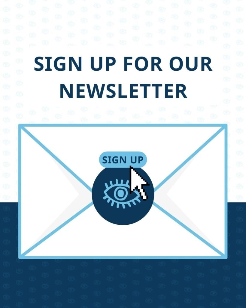 envelop met tekst 'sign up for our newsletter' en een pijltje dat een button met de tekst 'sign up' aanklikt