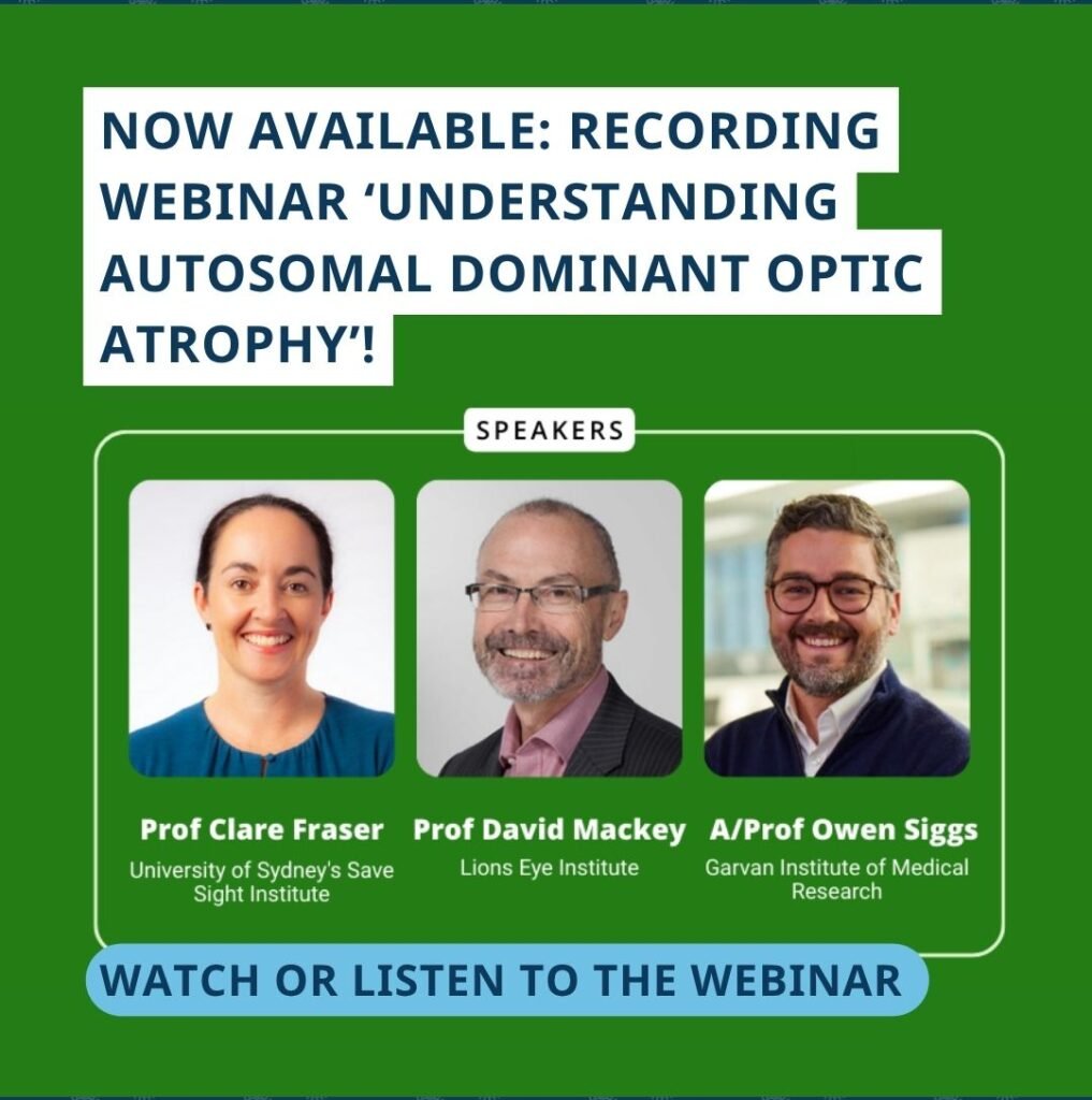 Portretten van de drie sprekers tijdens het webinar. Daarboven staat de tekst ‘Now available: Recording webinar ‘Understanding Autosomal Dominant Optic Atrophy’!’ en daaronder ‘Watch or listen to the webinar’.