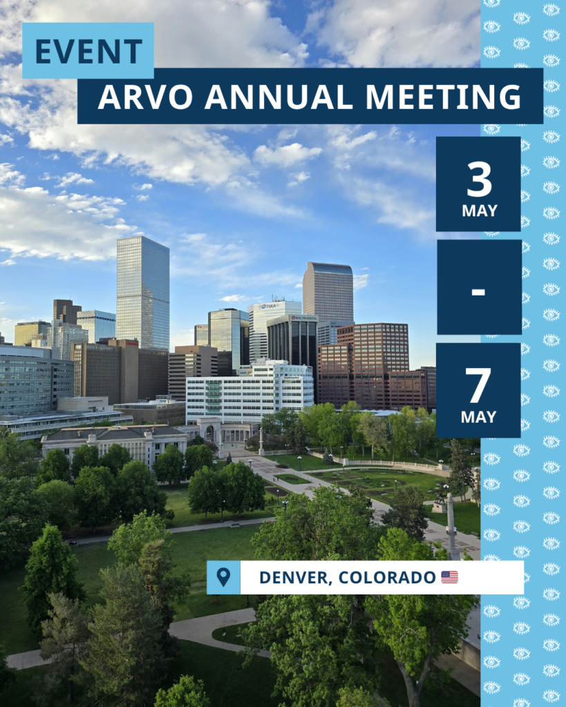 foto van een deel van de stad Denver met daarop de tekst ‘Event’, ‘ARVO Annual Meeting’, ‘Denver, Colorado’ en ‘3 May - 7 May’