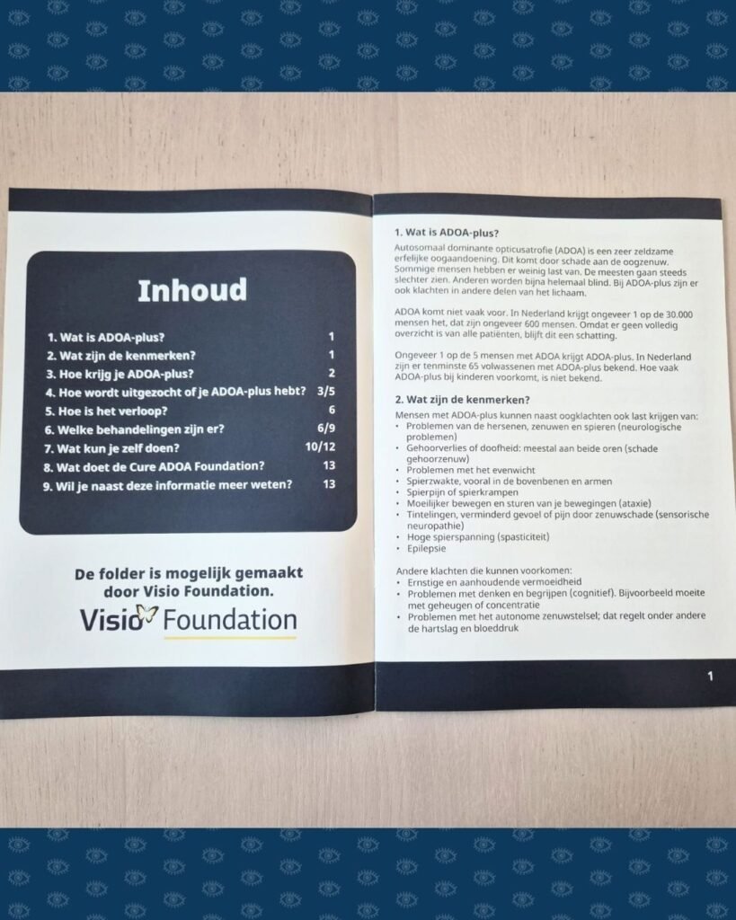 Opengeslagen folder met op de linkerpagina de inhoudsopgave en de tekst ‘De folder is mogelijk gemaakt door Visio Foundation’.