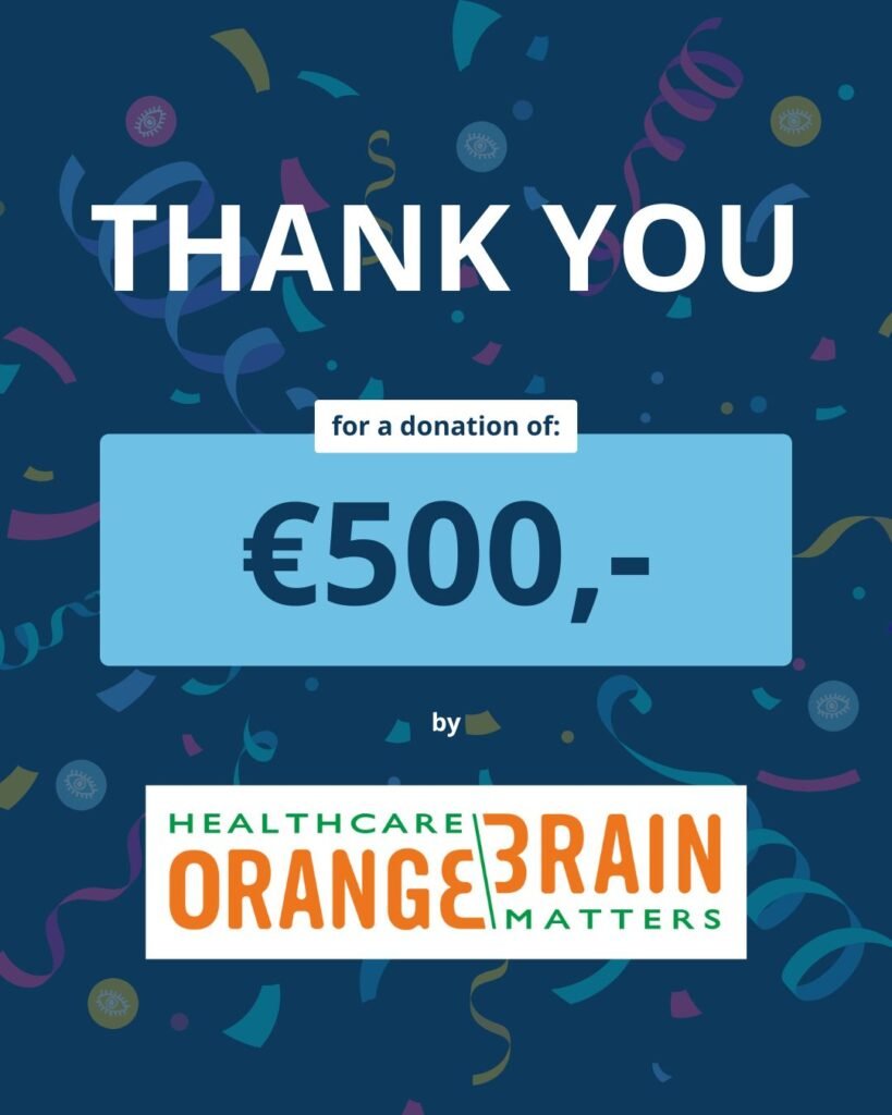Op een achtergrond met confetti staat de tekst: ‘Thank you for a donation of: €500 by’ met daaronder het logo van Orange Brain Healthcare Matters.
