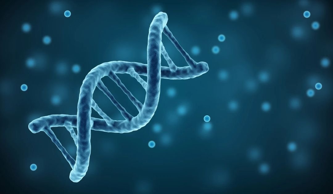 Lichtblauwe DNA-streng op een donkerblauwe achtergrond