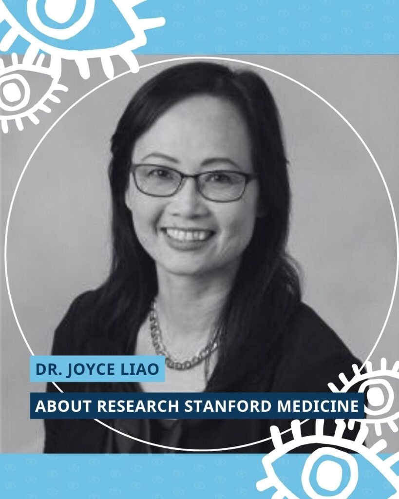 Portret dr. Joyce Liao met daarop de tekst ‘dr. Joyce Liao’ en ‘About Research Stanford Medicine’. Het portret is omringd door witte ogen uit het logo van de Cure ADOA Foundation, in dezelfde stijl als de uitnodiging van de ADOA-dag.