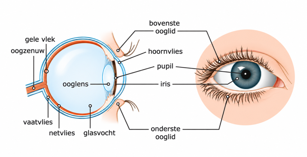 schematische weergave van de buitenkant en binnenkant van het oog